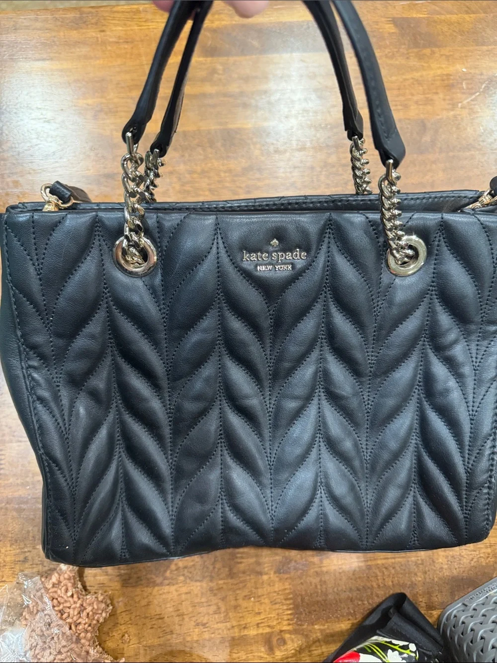 kate spade Black Quilted Leather Tote with Chain Accents